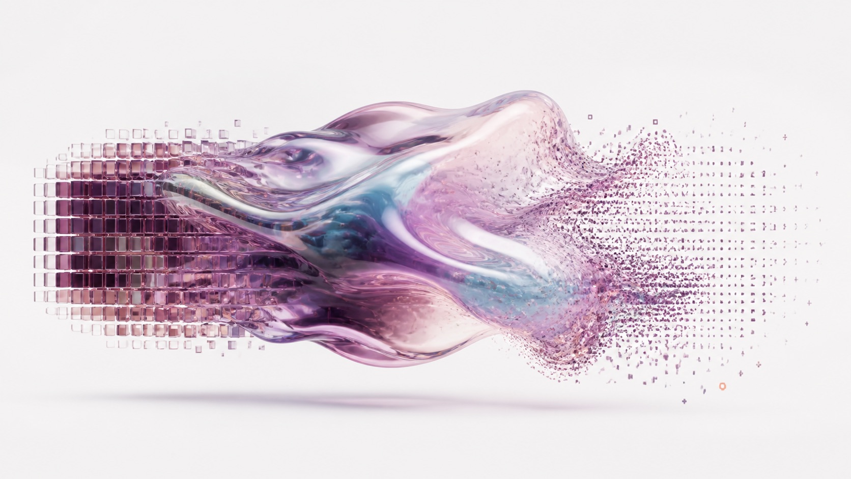 An iridescent liquid form transforming from a precise pixel grid into fine computational particles